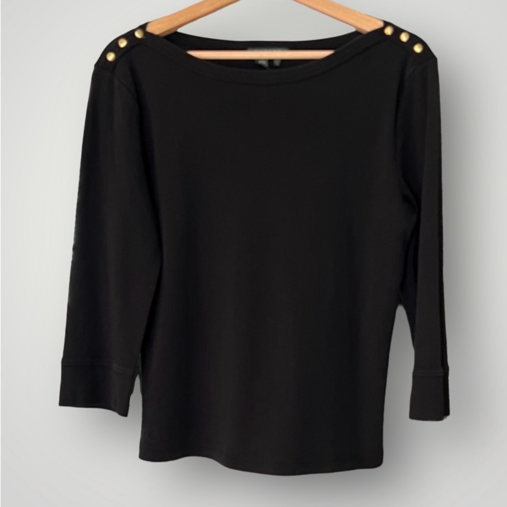 LAUREN Ralph Lauren Black Boatneck Quarter Sleeve Shirt Gold Buttons Women’s L